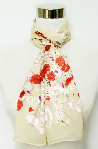 Red Floral Print on Cream - Silk Long Scarf 12x60