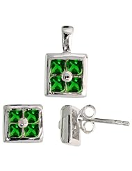 Sterling Silver Square-shaped Stud Earrings (6.5mm) & Pendant (11mm tall) Set, w/ Princess Cut Emerald-colored CZ Stones