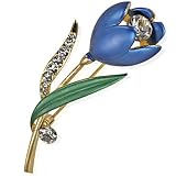 Simple Elegant Stem Flower Crystal Brooch Pin - Blue