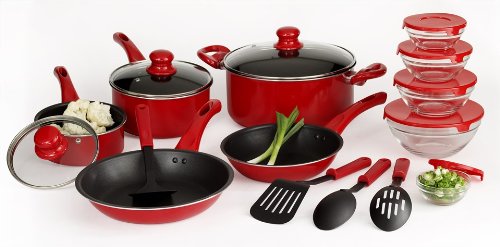basic essentials 17 piece aluminum cookware set, red