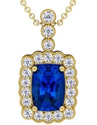 18K Yellow Gold Cushion Cut Blue Sapphire And Round Diamond Pendant (GIA Certificate)