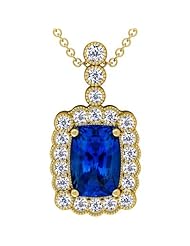 14K Yellow Gold Cushion Cut Blue Sapphire And Round Diamond Pendant (GIA Certificate)