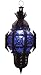 Hanging lantern with blue glass panels and pierced metal work