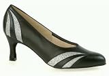 315 Nancy Ladies' Social Shoe with a 2.5 Flared Heel in Black Leather & Silver (Regular Fit)