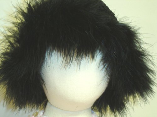 Bh6bb, Hand Crocheted Black Chenille Hat with Black Maribou Feather and Earflap for Infants and Toddlers