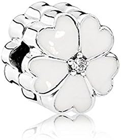 925 Sterling Silver Beads Primrose Charm with Clear Cubic Zirconia and White Enamel for DIY Bracelet