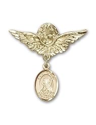 14K Gold Baby Badge with St. Brigid of Ireland Charm and Angel with Wings Badge Pin