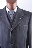 Men's Superior 150's Single Breasted 3 Button Navy Stripe Vested Dress Suit with Wide Leg Pants