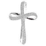 Rhodium Plated Sterling Silver Large Ribbon Pave Cross Pendant