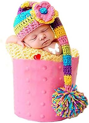 Jamemory Newborn Baby Crochet Knitted Flower Long Tail Hat Pom Poms (Color 3)
