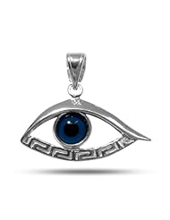 Sterling Silver Rhodium Plated Greek Key Evil Eye Pendant