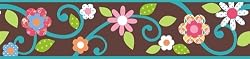 Brown and Teal with Pink Floral Scroll Wall Border