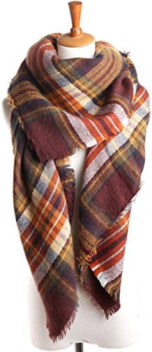 CNACCASU Brown Wool Blend Large Tartan Checked Stripe Plaid Scarf winter Gridlock Shawl Cowl(FBA)