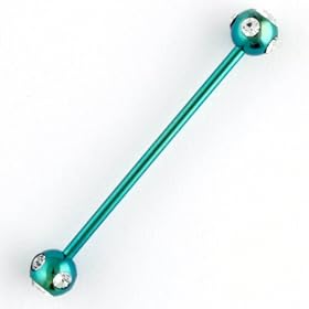 One PVD Stainless Steel Straight Industrial Barbell: 14g 1-1/4" Green, 5-Stone CZ Balls: 6mm, Clear Gem