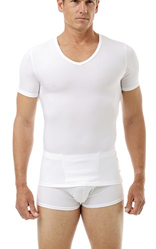 Underworks Mens Microfiber Compression V-Neck T-shirt, Xlarge, White