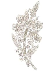 Wedding Bridal Leaf - Twig- Floral Brooch in Silver - Leaf Brooch / Pins, 40mm x 25mm in Silver-Tone Rhodium finish in Diamanted Crystals