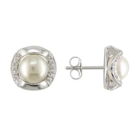 Square White Gold, Diamond and Cultured Freshwater Pearl Earrings