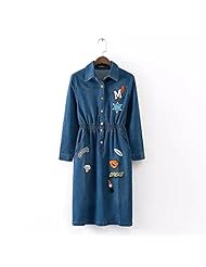 Cotton/Denim/Polyester Long Sleeves Embroidered Elasticized   Waistline  Dress