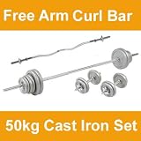 PFS 50kg Cast Iron Barbell / Dumbell Weight Set + FREE Arm Curl Bar