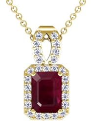 14K Yellow Gold Emerald Cut Ruby And Round Diamond Pendant