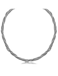 Sterling Silver Rhodium Plated Multi Strand Wheat and Bead Chain Necklace