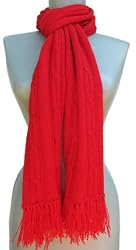 Handmade Alpaca Natural Fiber Scarf - Cable Design Collection in "Pick-me-up Scarlet Red" (Classic Fringes/men/women)