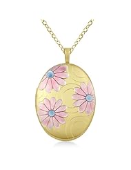 Oval Shape Colored Flower Pattern and Circle Locket Pendant Necklace For Women 14K Yellow Gold Verm