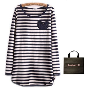 (ラズベリーパイ)RaspberryPi レディース ボーダー シャツ カジュアル トップス 長袖 オリジナルエコバッグセット yx101rp