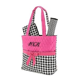 Quilted Houndtooth Monogrammed Pink 3pc Diaper Tote
