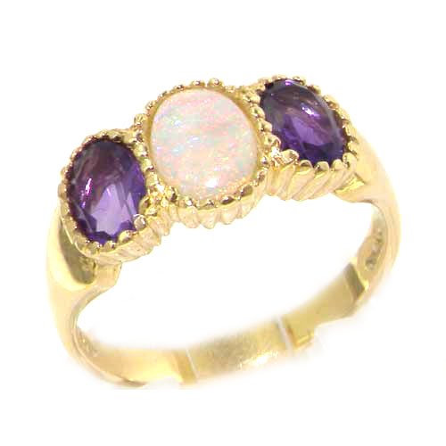 Luxury 9K Yellow Gold Womens Fiery Opal & Amethyst English Victorian Style Ring - Finger Sizes 5 to 12 Available