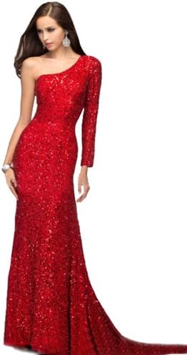 IBEAUTY DRESS One Shoulder Sequins Trailing Long Prom Dress Red US 0