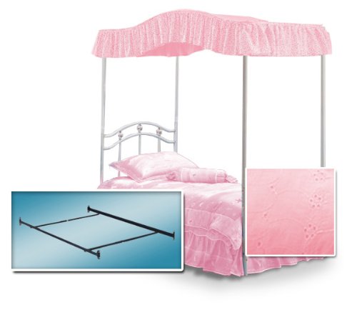 Bubblegum Pink Fantasy Eyelet Canopy Fabric Set with White Twin Princess Bed Frame & Canopy Frame