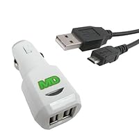 Malcom Distributors White Dual USB Port Socket Cigarette Lighter DC Car Charger Adapter with USB to micro USB Charging Cable for Jawbone Icon Bluetooth Headset