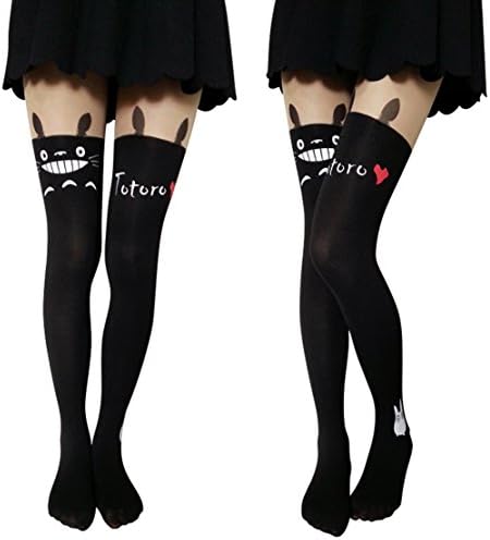 Girl's so Cute Black Totoro Fun Pattern Printed Tattoo Pantyhose Stockings 2 Pairs
