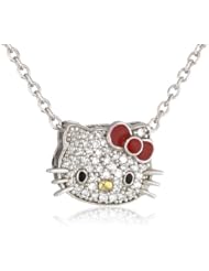 Hello Kitty by Simmons Jewelry Co. 1/5 Cttw Pave Diamond Face and Red Enamel Bow Slide Girls Pendant Necklace