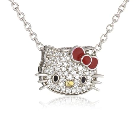 Cheap Girls Jewelry Hello Kitty by Simmons Jewelry Co. 1/5 Cttw Pave Diamond Face and Red Enamel Bow Slide Girls Pendant Necklace For Sale