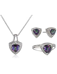 Sterling Silver Trillion Mystic Topaz and Diamond Ring, Pendant Necklace, Earrings Box Set, Size 7
