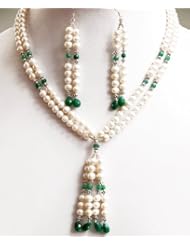 Exclusive Designer Natural Fresh Water Pearl & Emerald Drops Beaded Necklace with Free Earrings