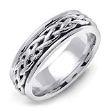 DAGDA 14K White Gold Weaved Style Celtic Wedding Band Ring