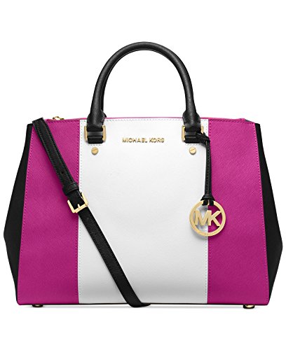MICHAEL Michael Kors Sutton Large Center Stripe Dressy Tote in Rasperry White Black MICHAEL Michael Kors Sutton Large Center Stripe Dressy Tote in Rasperry White Black