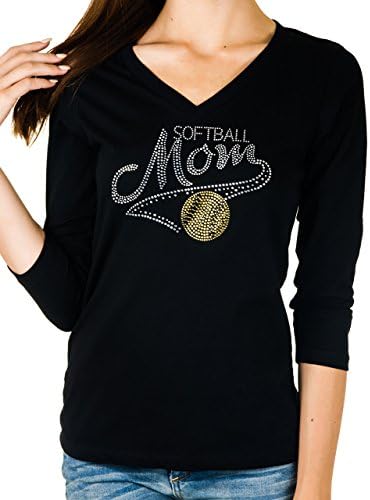 Activewear Apparel Womens Rhinestone 'Softball Mom' 3/4 Sleeve V-neck Shirt (Small, Black)