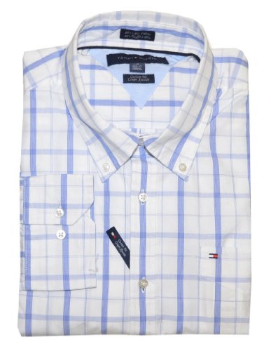 Tommy Hilfiger Mens Long Sleeve Custom Fit Button Front Shirt - XXL - White/Blue