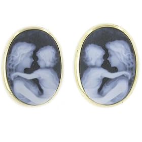 14kt Gold Framed Agate Cameo Mother Holding Child Oval Earrings - 5 8 x 1 2 by Netaya