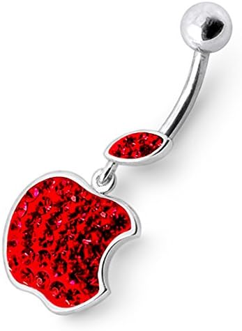 Multi Red Gems Stone APPLE 925 Sterling Silver Dangling Belly jewelry with 14Gx3/8(1.6x10MM) 316L Surgical Steel Banana and 5MM Ball.
