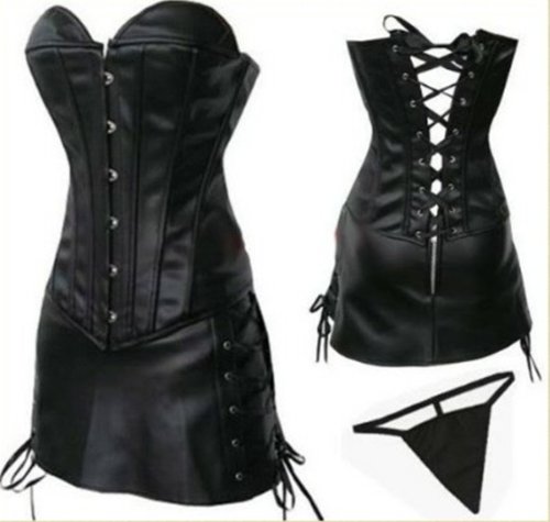Black Faux Leather Lace-up boned Corset Dress M
