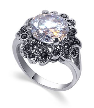 Adorable .925 Sterling Silver Marcasite Band Cubic Zirconia Ring
