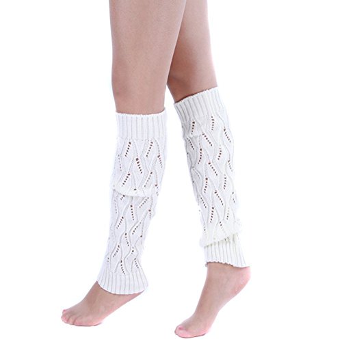 Eforcase Stylish Women Girls Hollow Out Leaf Pattern Winter Leg Foot Warmer Knee High Knit Knitting Boot Socks Stockings (White)