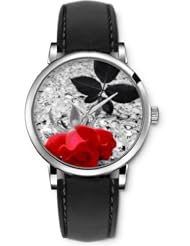 SPRAWL Aanalog Fashion Series Silver Ladies Watches of Genuine Black Leather Strap,Unique Wrist Watch for Women Girls Designed with red rose