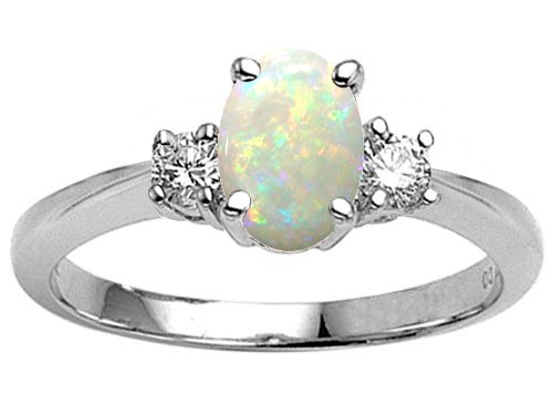 0.95 cttw Genuine 8x6 Oval Opal Engagement Ring in 14k White Gold Size 5.5