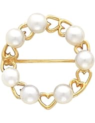 14K Yellow Gold Akoya Cultured White Pearl Circle Brooch -- LIFETIME WARRANTY